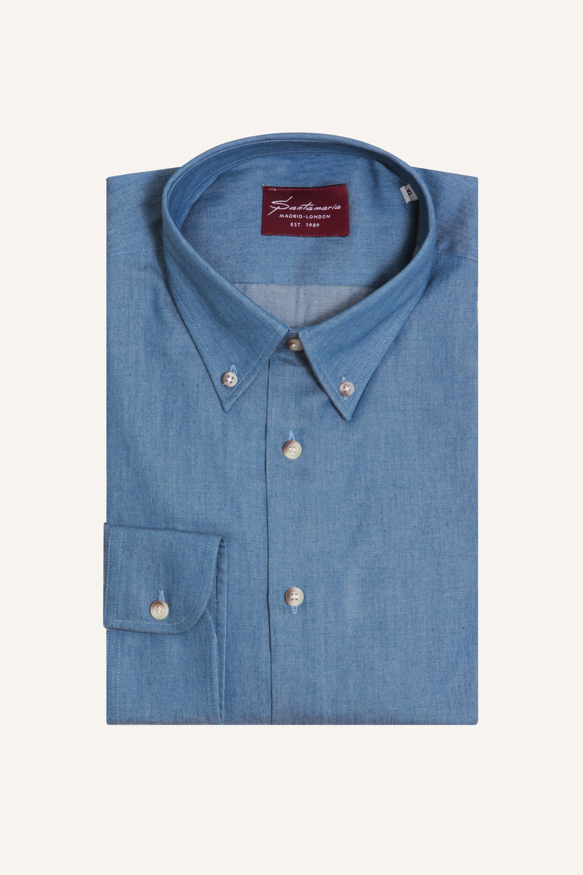 Men’s blue chambray shirt with button-down collar, flat lay