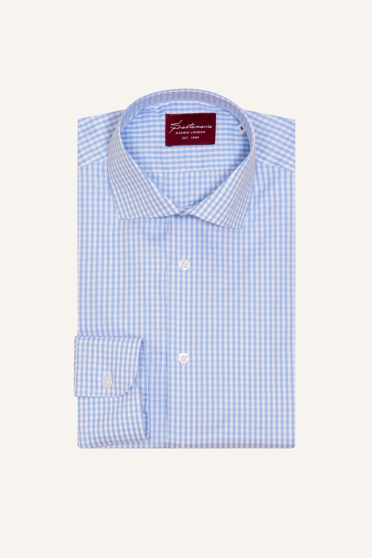 Men’s blue gingham poplin shirt with Italian spread collar, flat lay