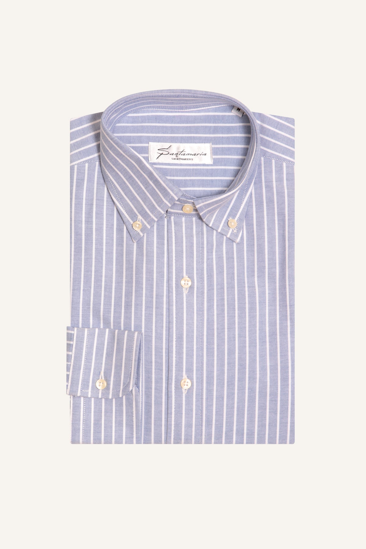 Blue Oxford shirt with fine white stripe and button-down collar, flat lay