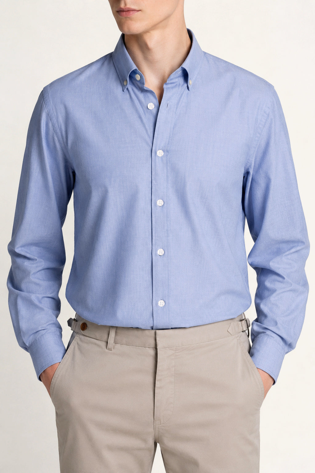 Men’s blue Oxford button-down shirt, worn