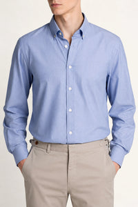 Men’s blue Oxford button-down shirt, worn