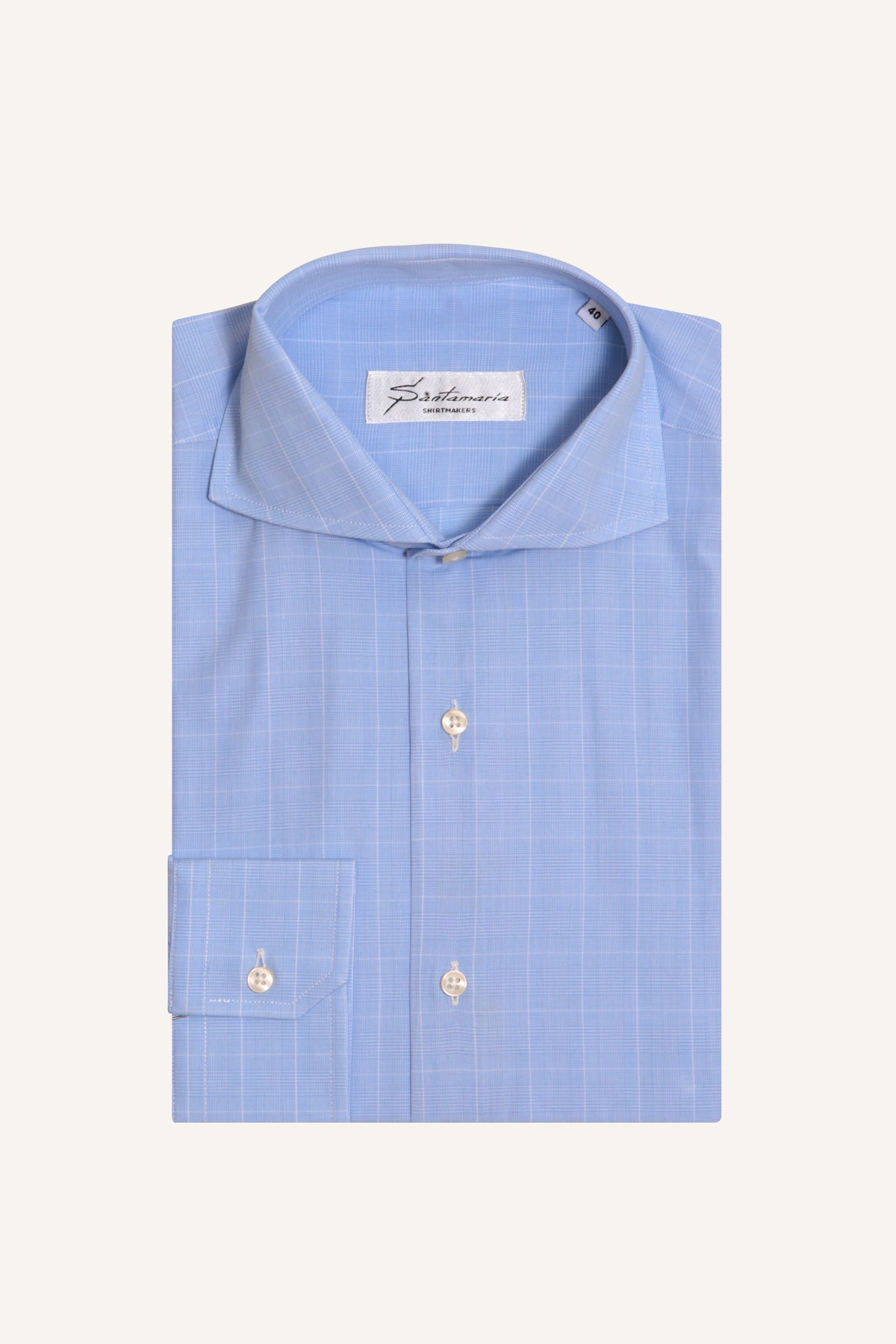 Men’s blue Prince of Wales check poplin shirt with Italian spread collar, flat lay