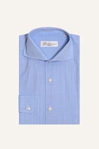Men’s blue Prince of Wales check poplin shirt with Italian spread collar, flat lay