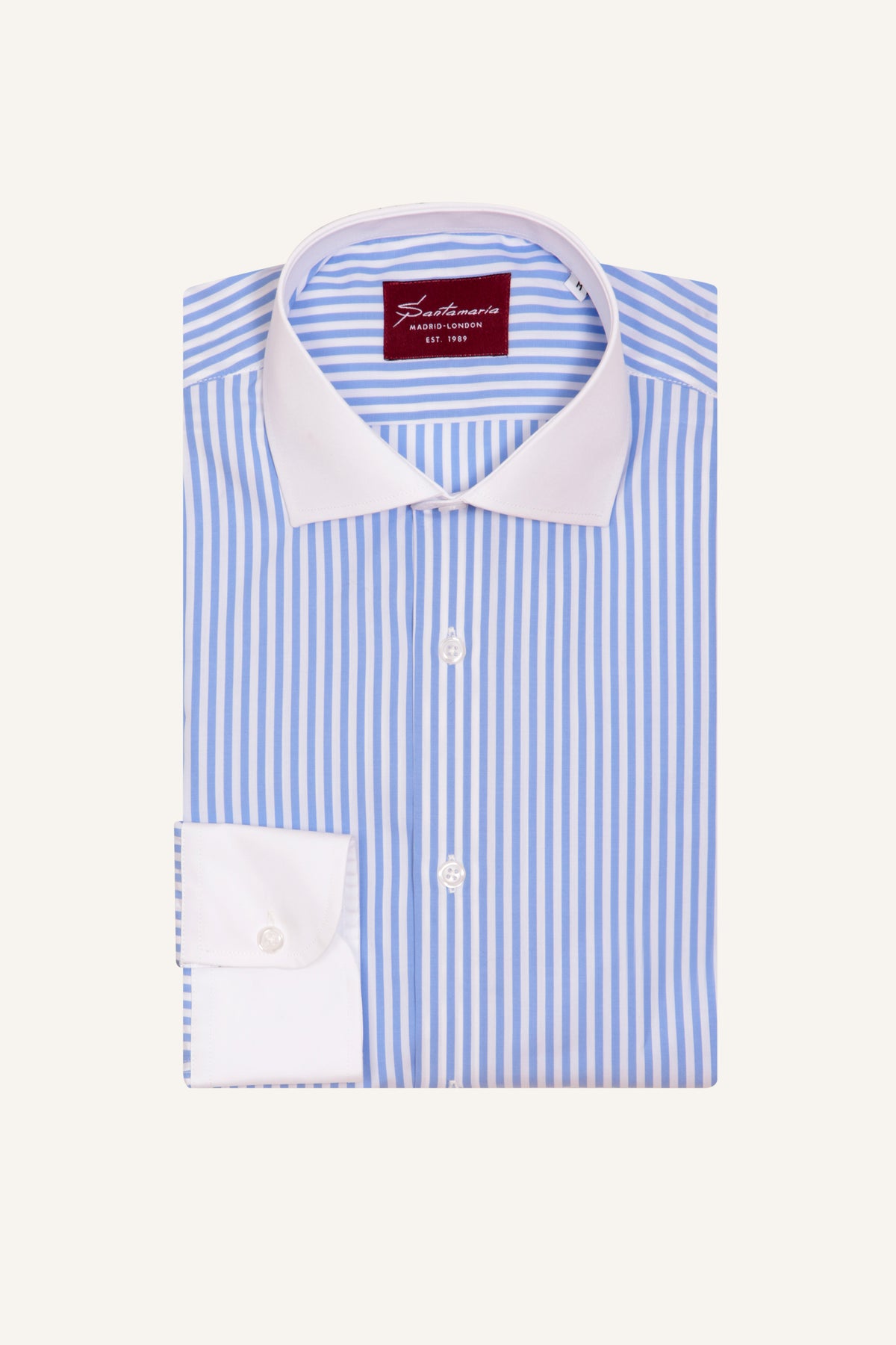 Blue stripe shirt with white collar and cuffs, flat lay