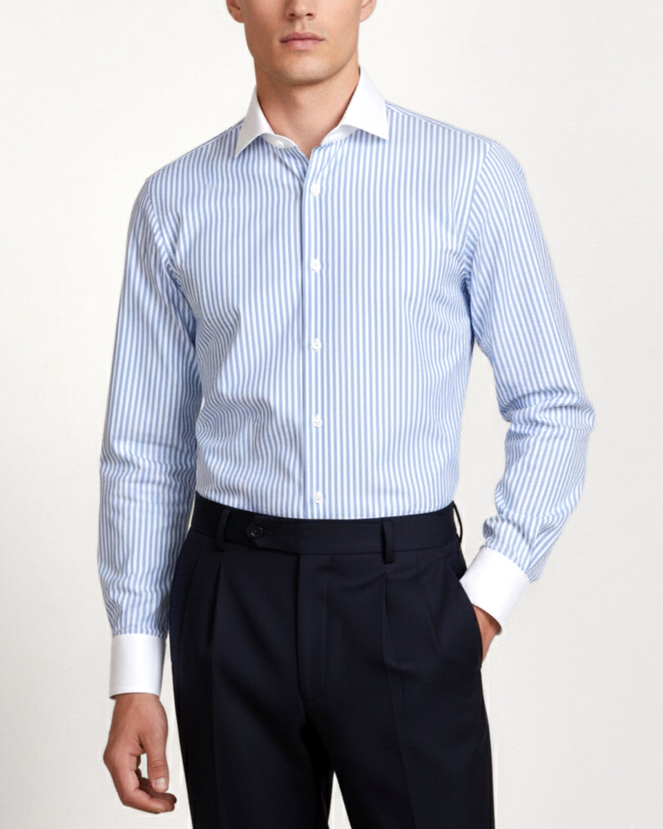 Men’s blue stripe poplin shirt with white contrast collar and cuffs, worn