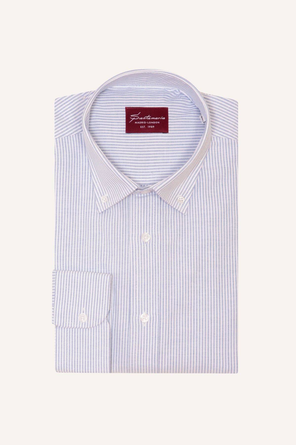 Blue thin stripe Oxford shirt with button-down collar, flat lay