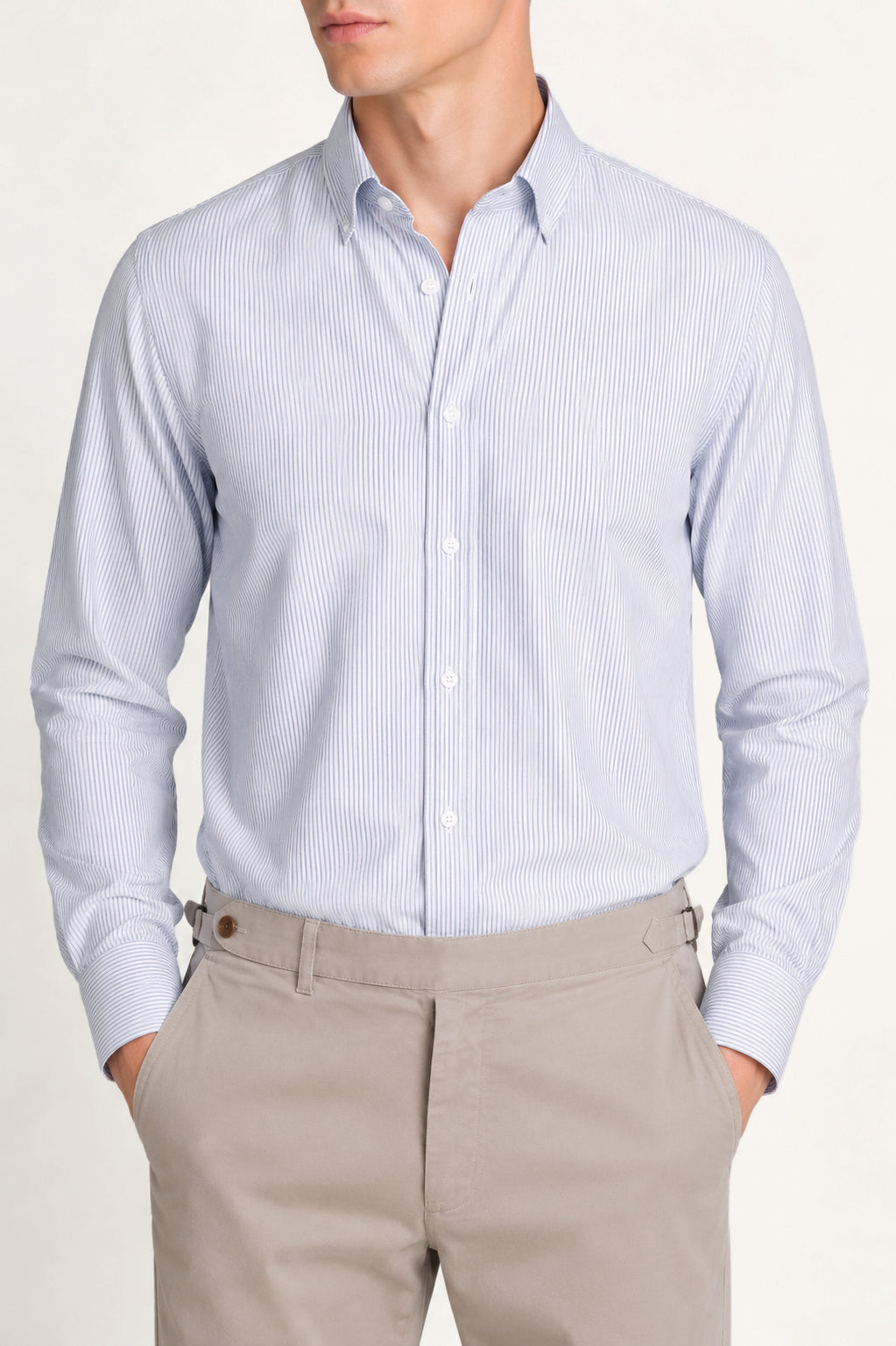 Men’s blue thin stripe Oxford button-down shirt, worn