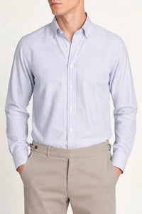Men’s blue thin stripe Oxford button-down shirt, worn