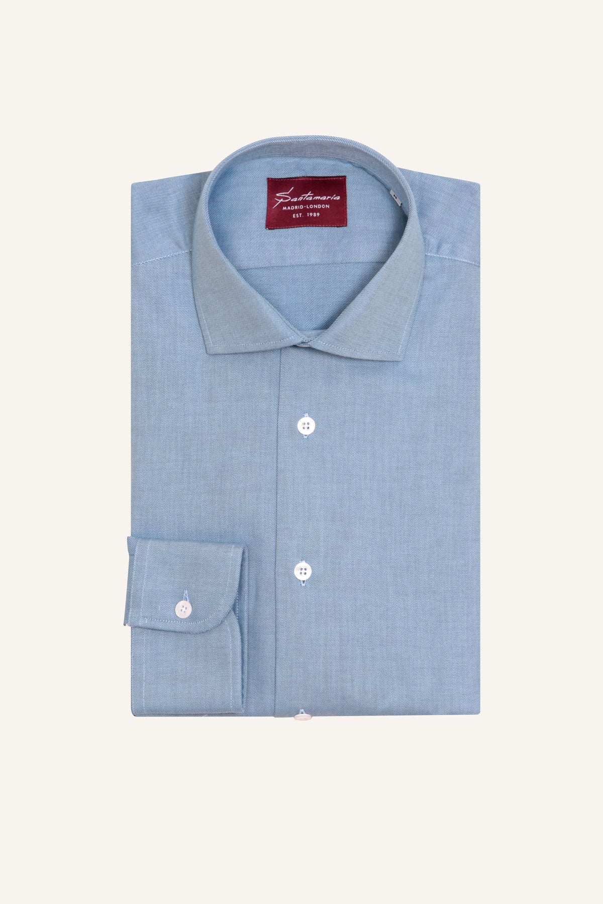 Blue twill shirt with Italian spread collar, flat lay