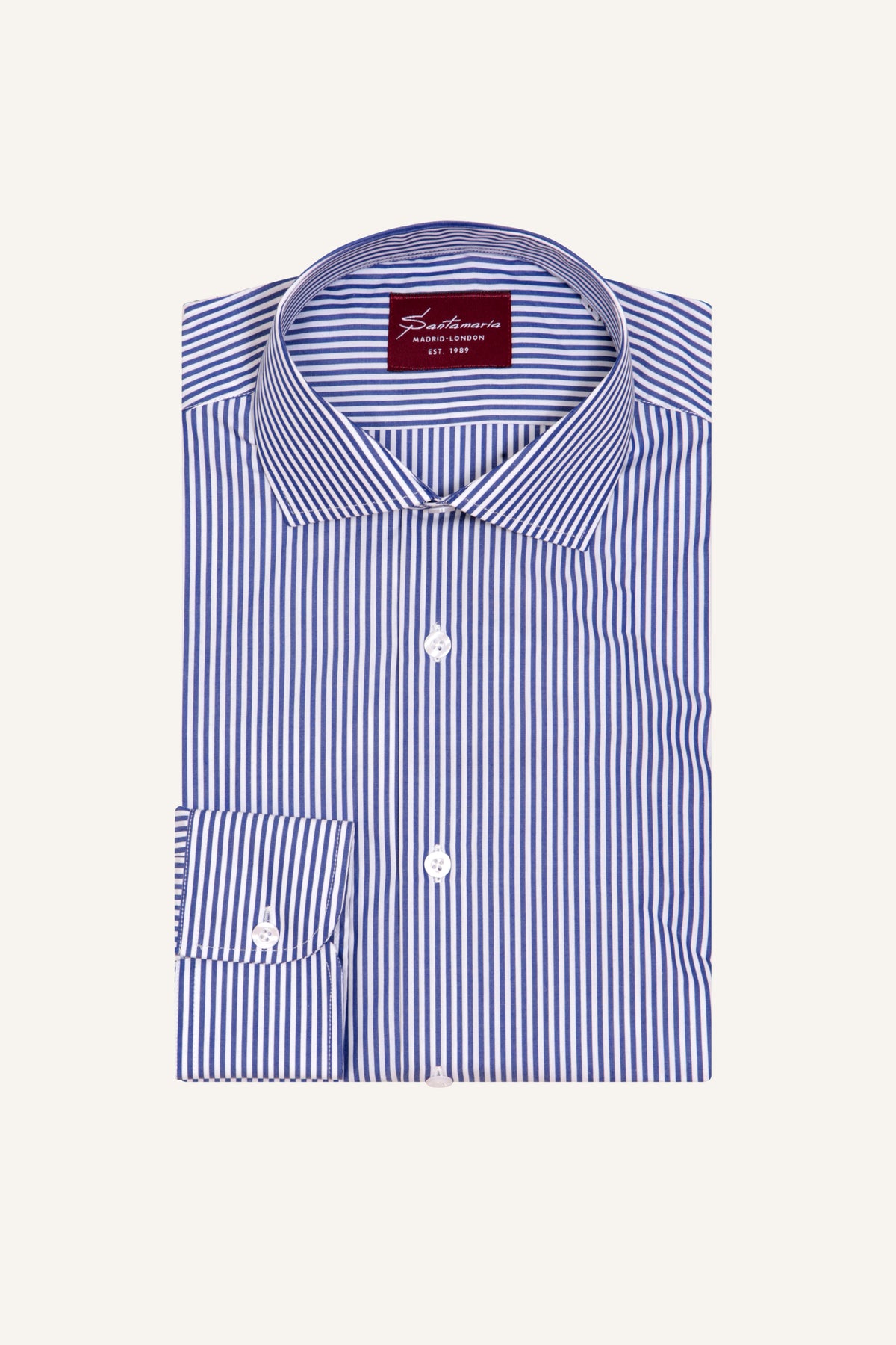 Blue and white thin stripe poplin shirt, flat lay