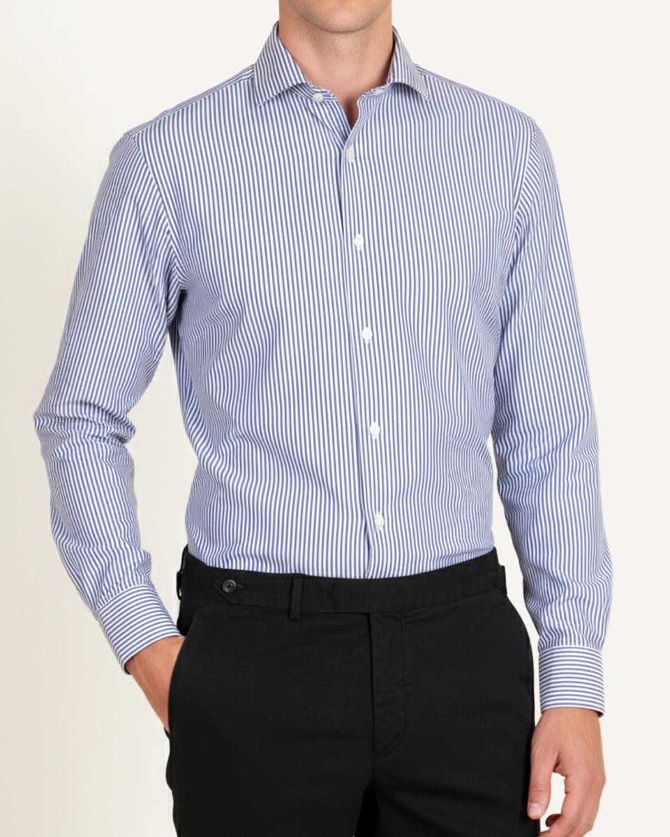 Men’s blue and white thin stripe poplin shirt with Italian spread collar, worn