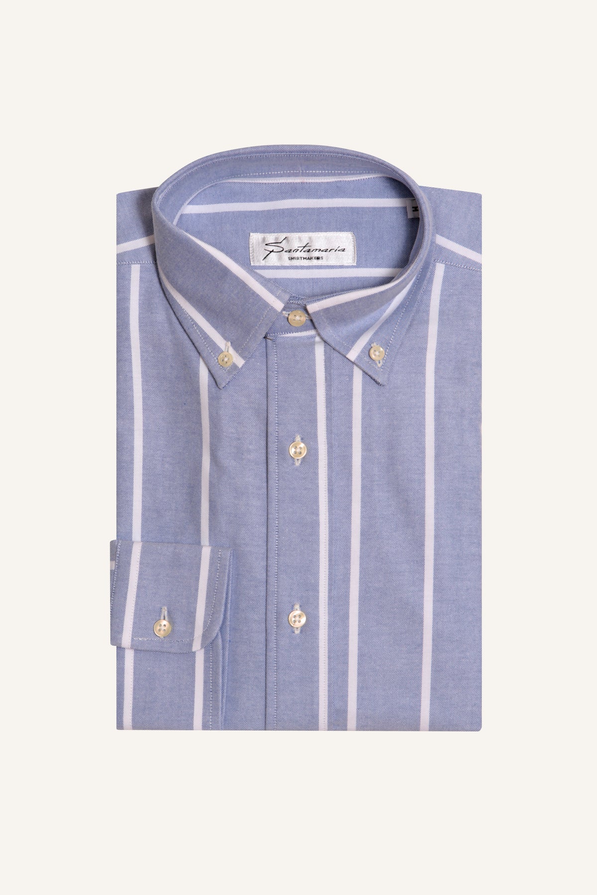 Blue wide stripe Oxford shirt with button-down collar, flat lay
