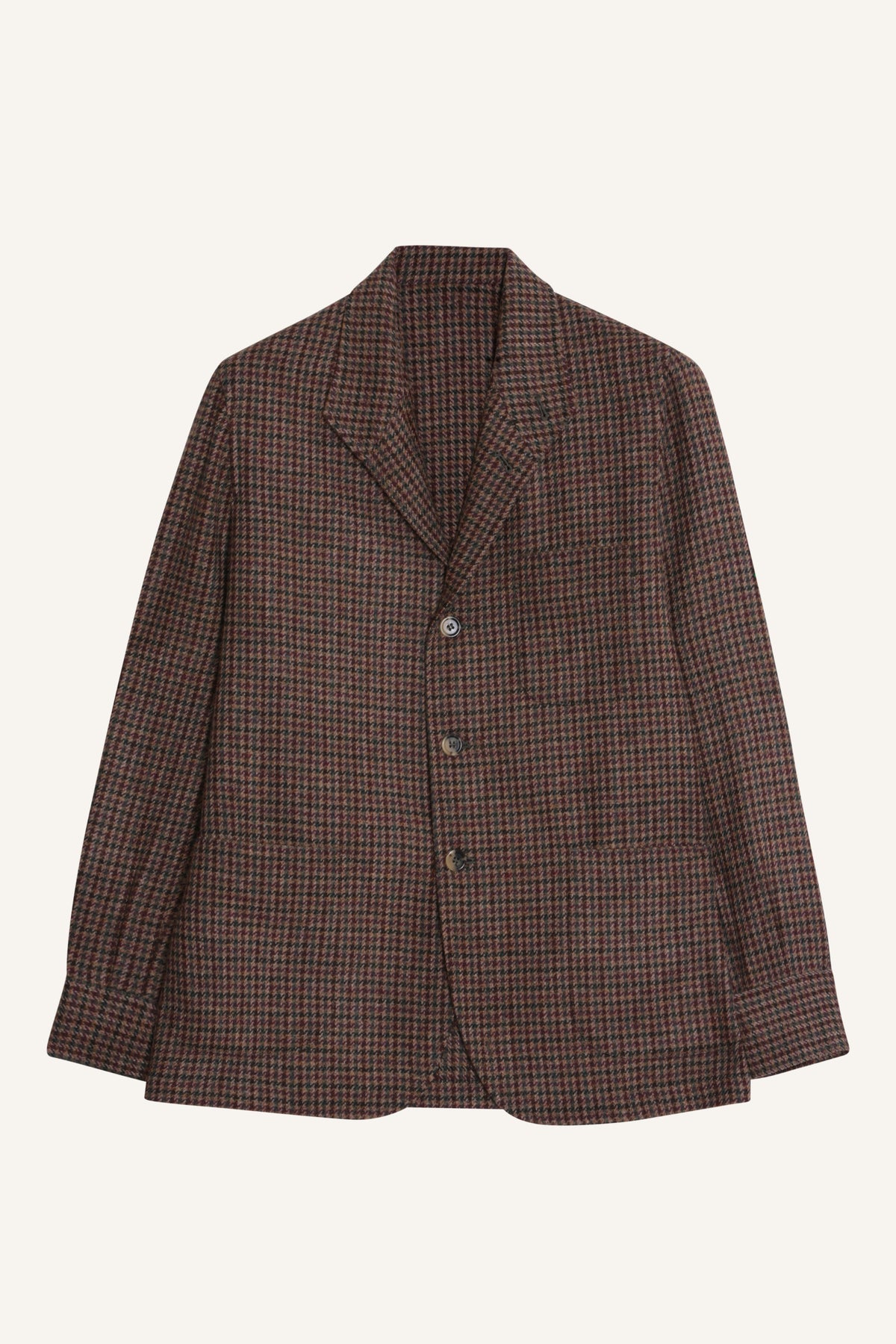 Brown and burgundy check cashmere blazer by Justo Gimeno for Santamaria, laid flat