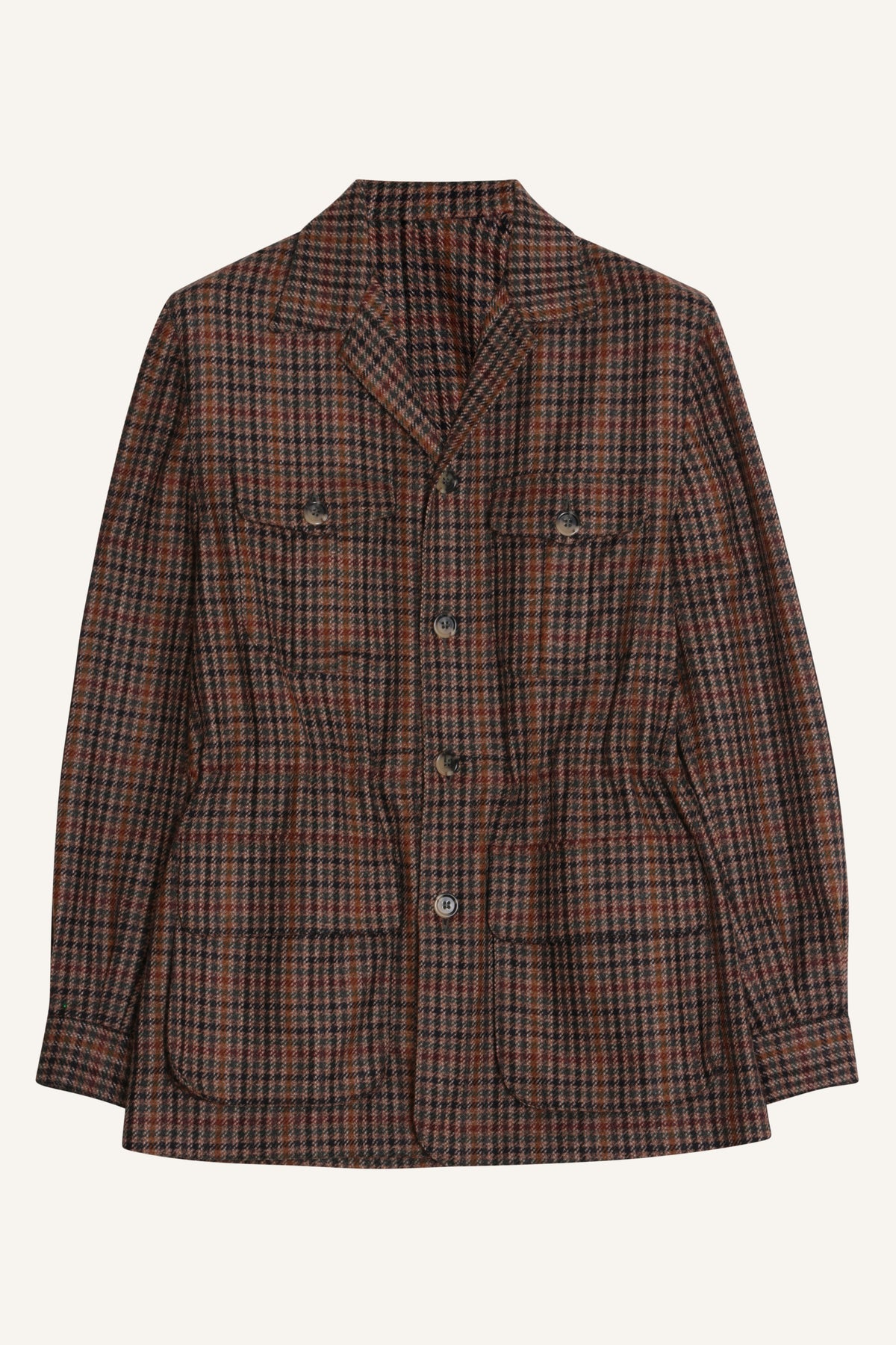 Brown check cashmere safari jacket by Justo Gimeno for Santamaria, laid flat