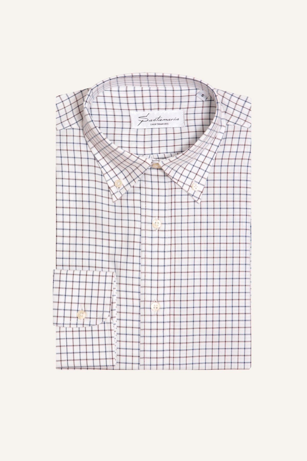 Men’s brown and navy check flannel shirt with button-down collar, flat lay