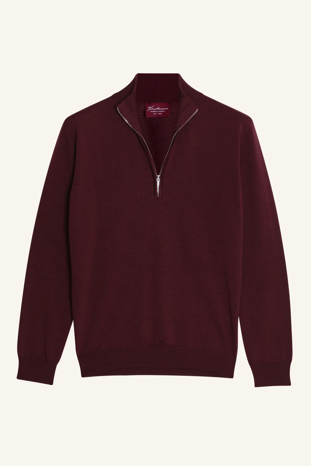 Burgundy merino wool quarter-zip jumper, flat lay