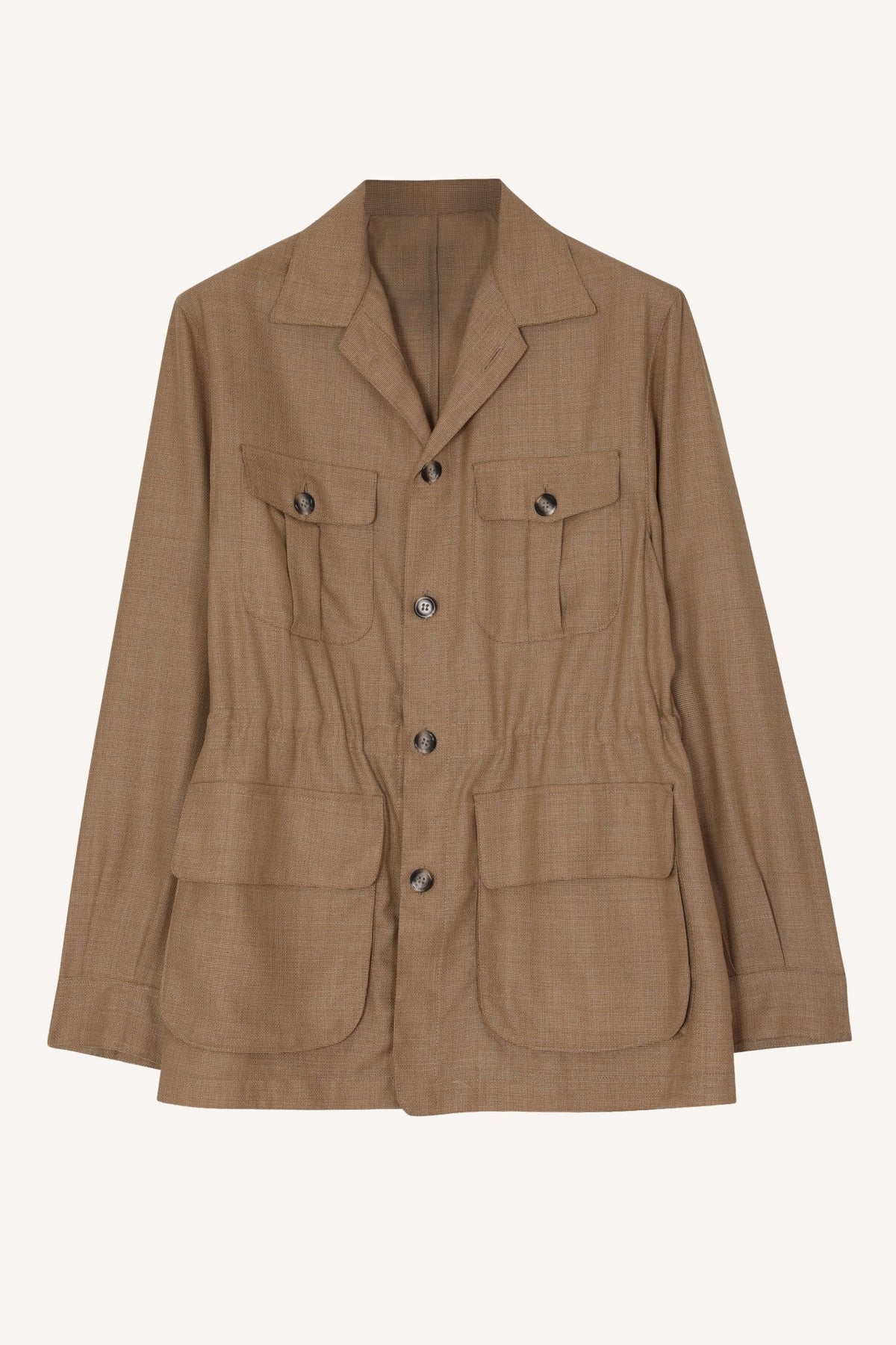 Caramel spring wool safari jacket by Justo Gimeno for Santamaria, laid flat