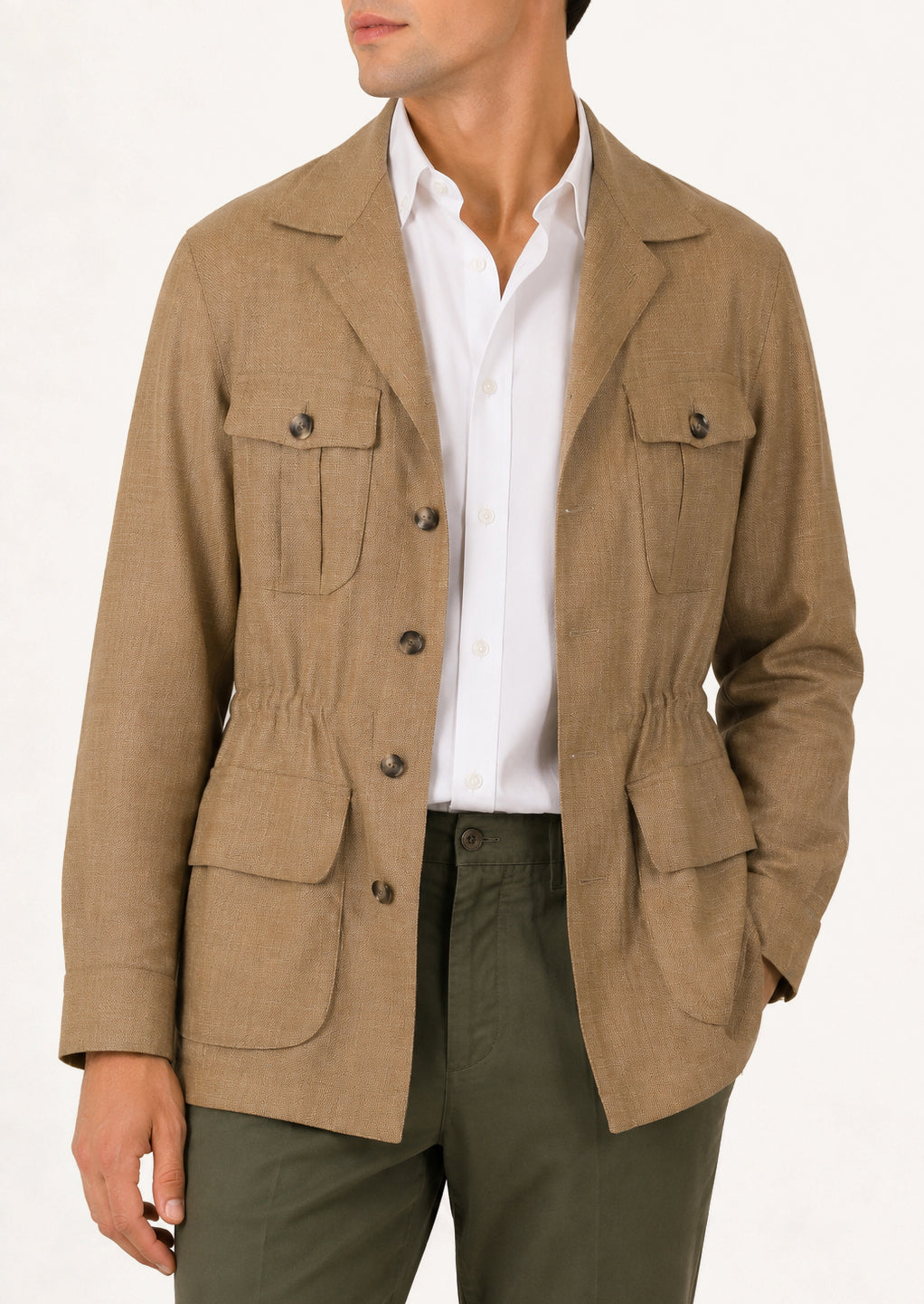 Man wearing a caramel spring wool safari jacket by Justo Gimeno for Santamaria