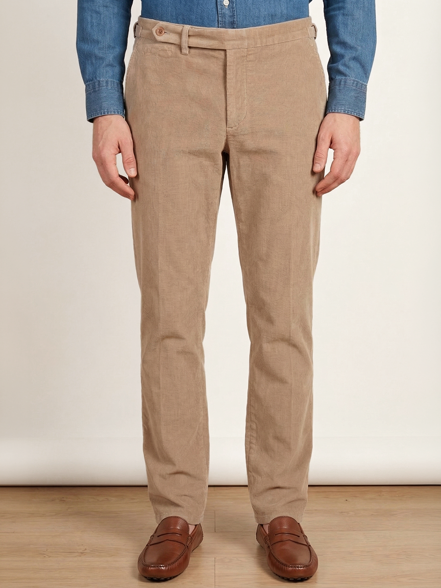 Man wearing cream corduroy trousers by Santamaria