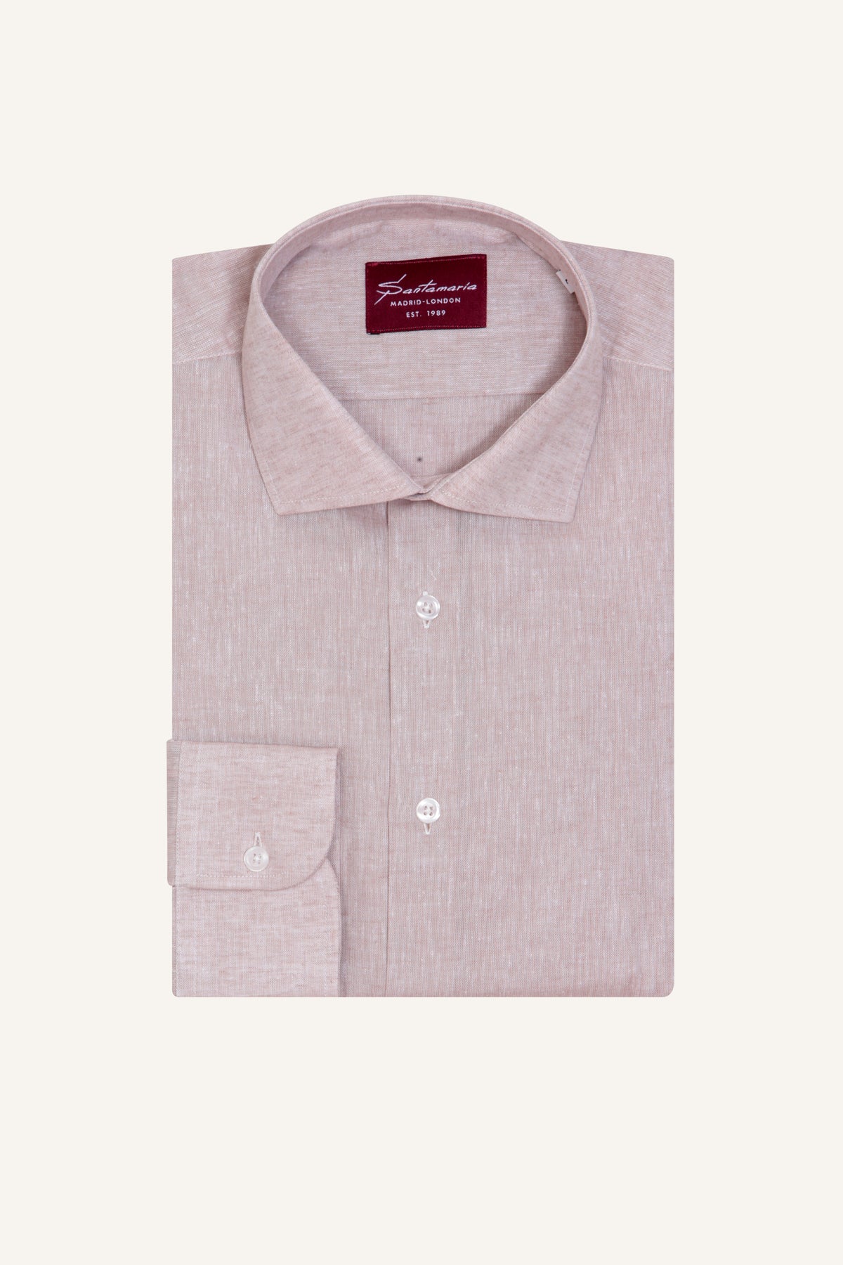 Cream linen-cotton shirt with Italian spread collar, flat lay