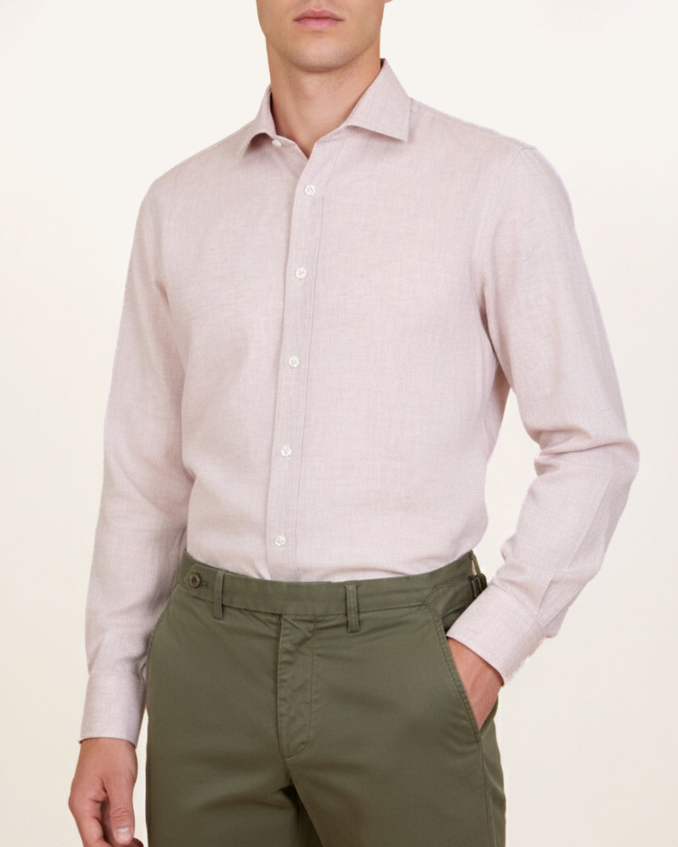 Men’s cream linen-cotton shirt with Italian spread collar, worn