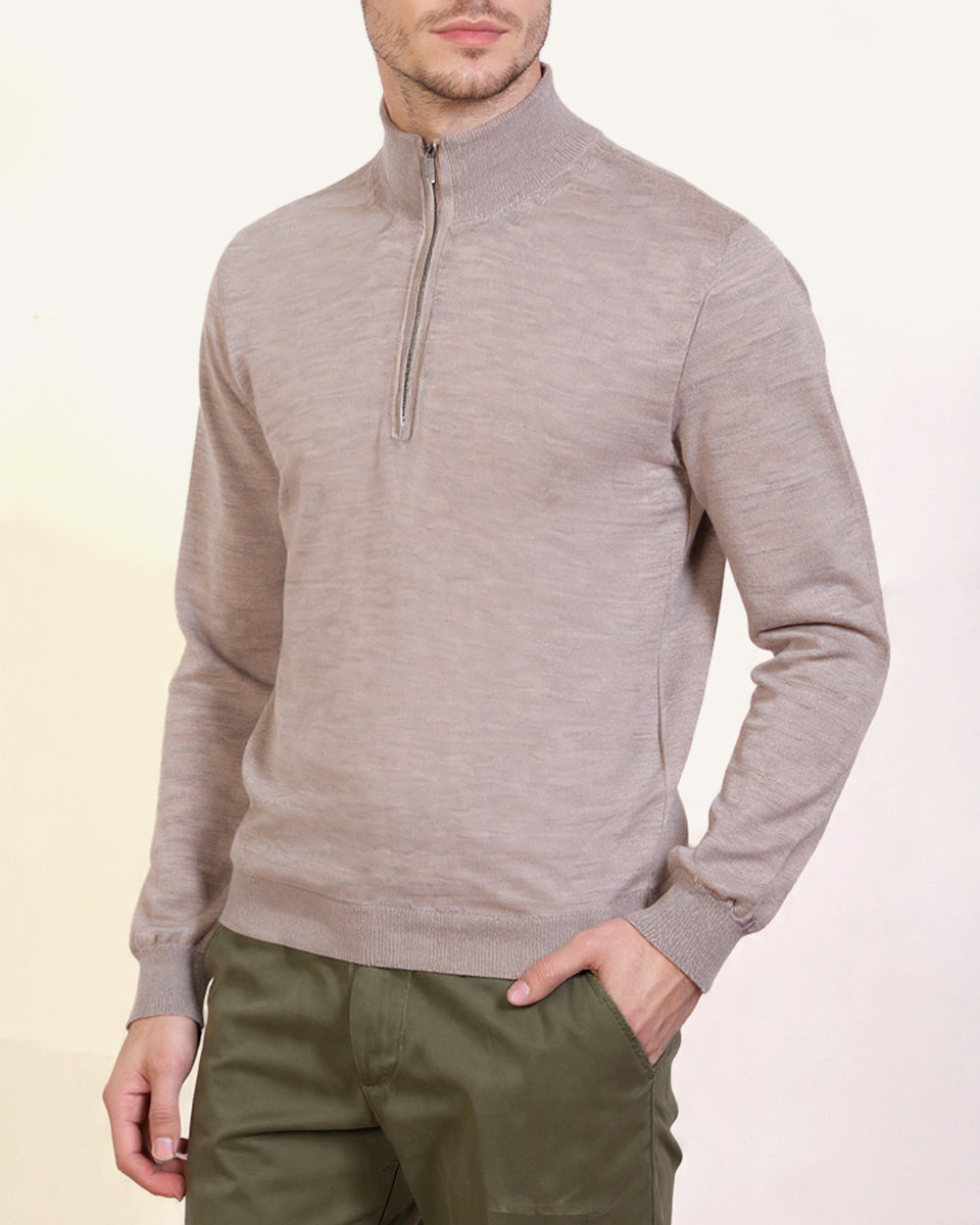 Men's cream merino wool quarter-zip jumper, worn
