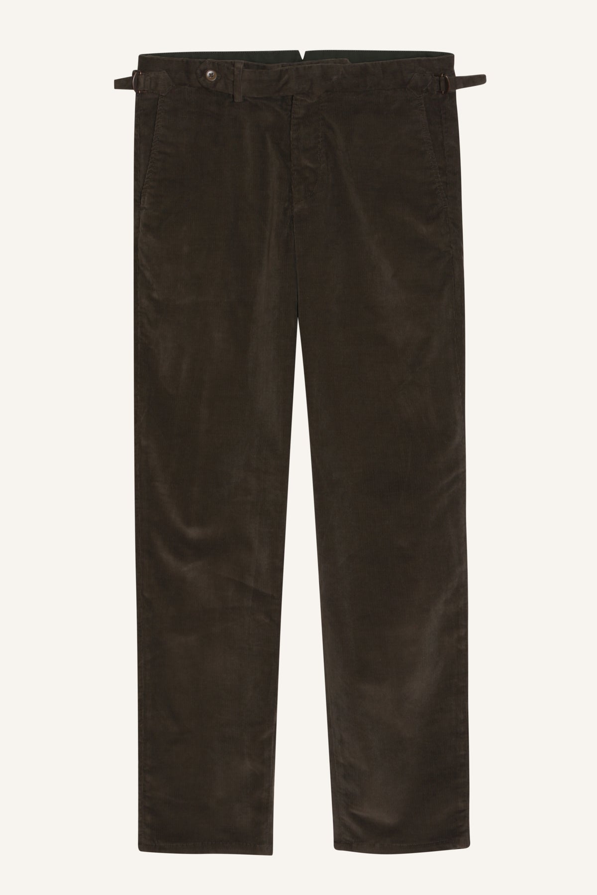 Khaki corduroy trousers by Santamaria, laid flat