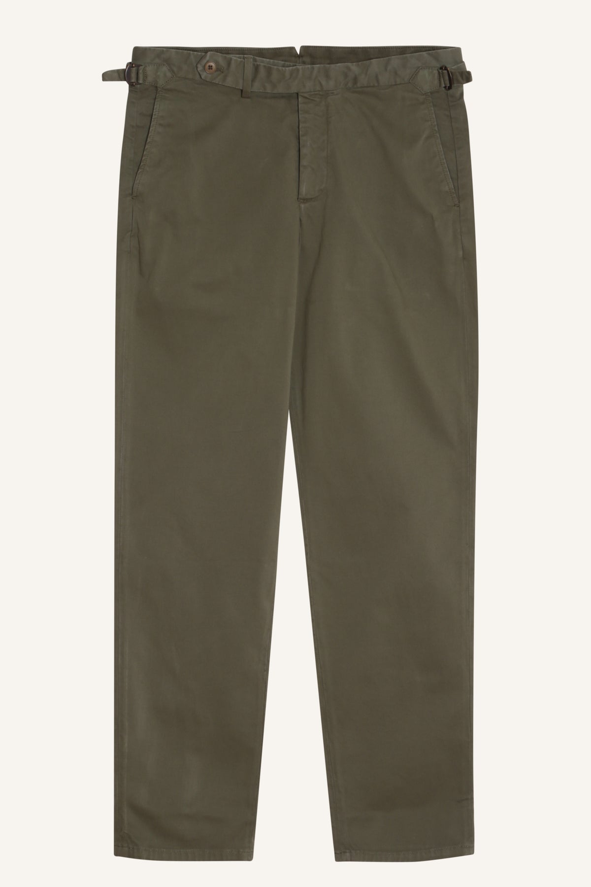 Khaki cotton chinos by Santamaria, laid flat