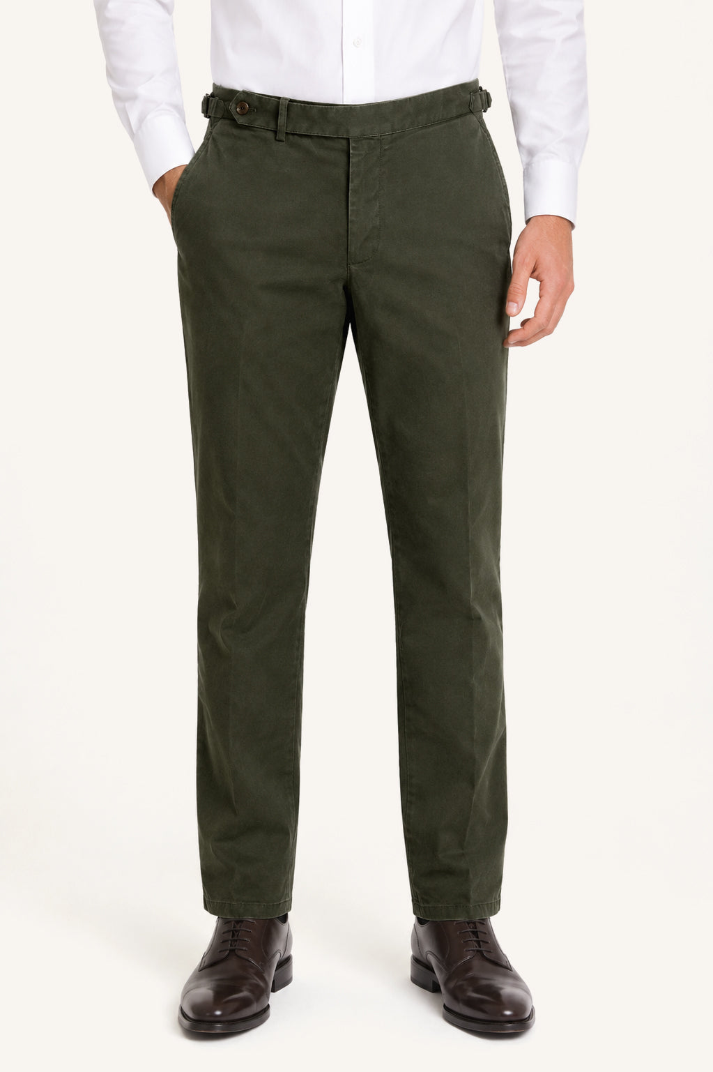Man wearing khaki cotton chinos by Santamaria