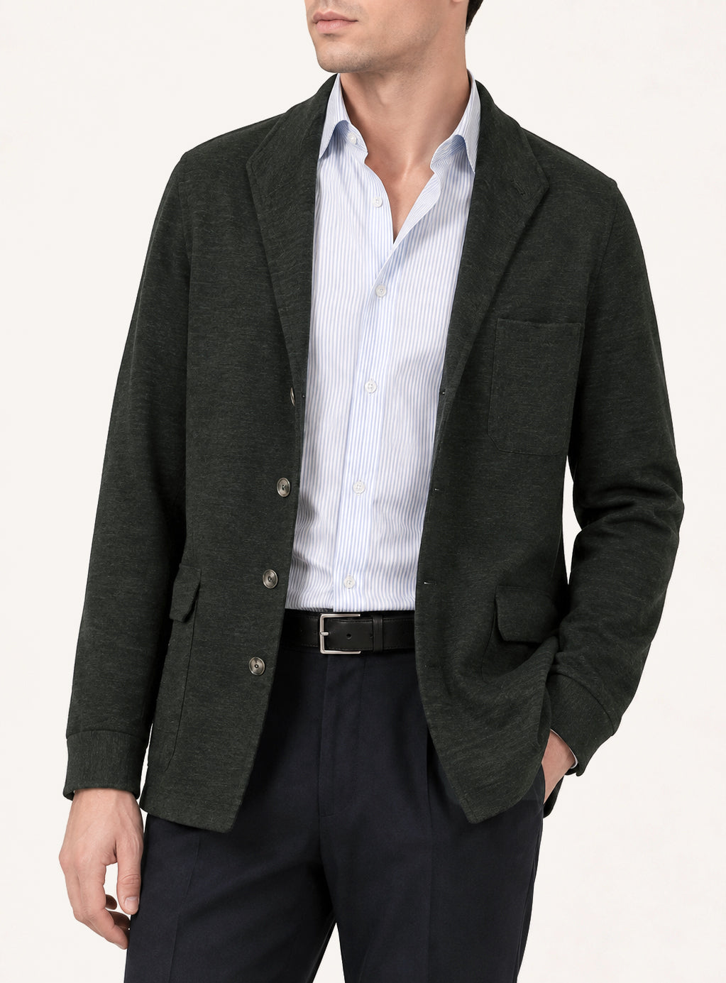Man wearing a khaki knitted cashmere Teba jacket by Justo Gimeno for Santamaria