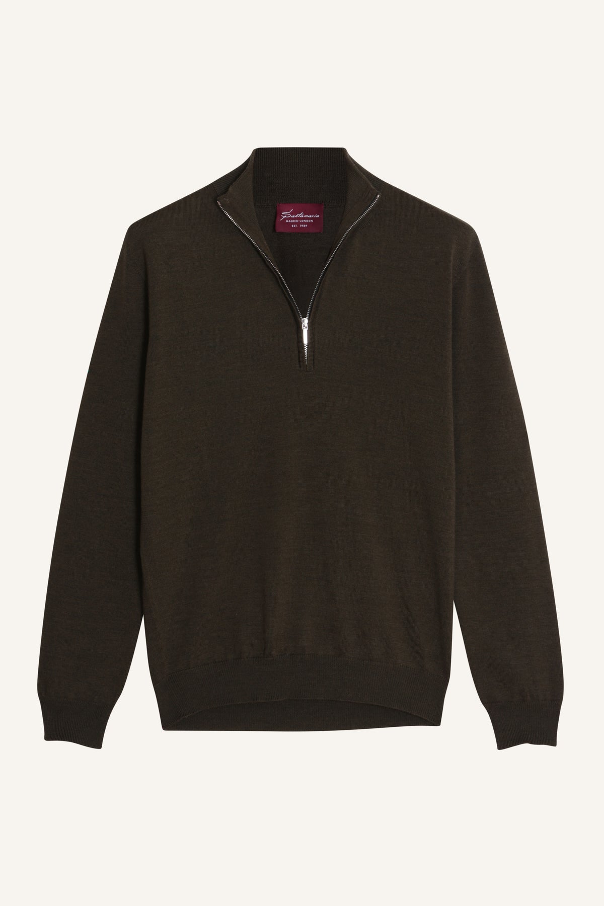 Khaki merino wool quarter-zip jumper, flat lay