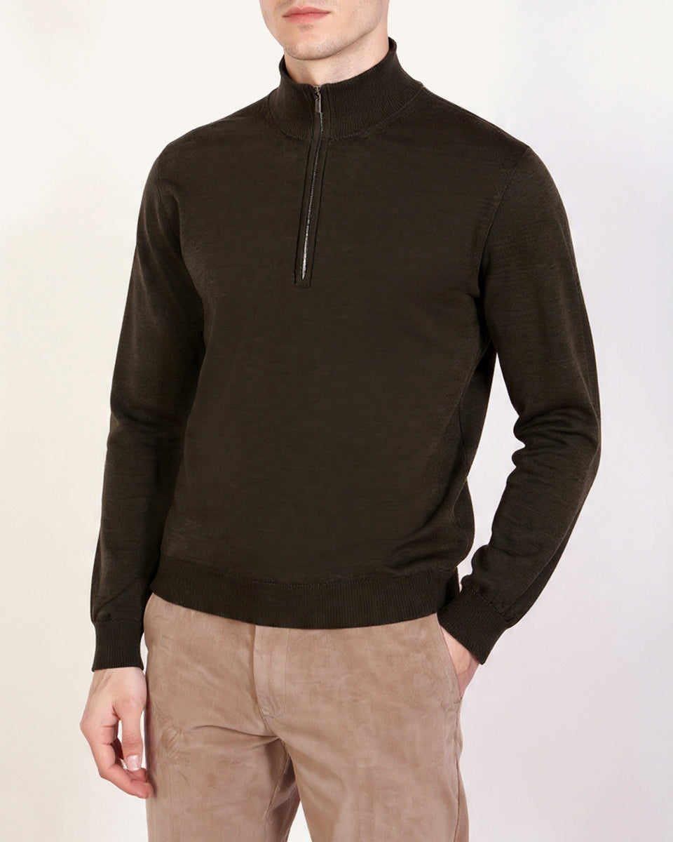 Men's khaki merino wool quarter-zip jumper, worn