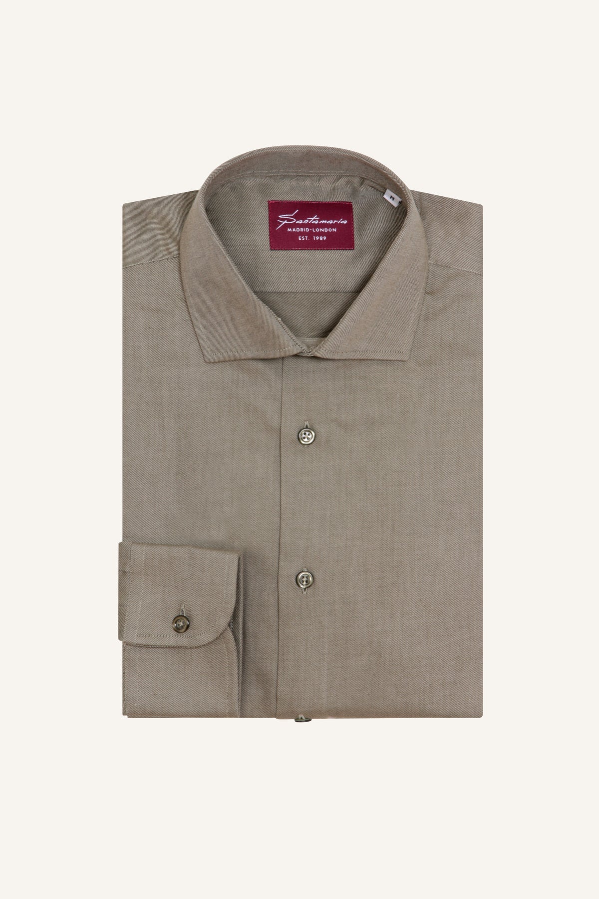 Khaki twill shirt with Italian spread collar, flat lay