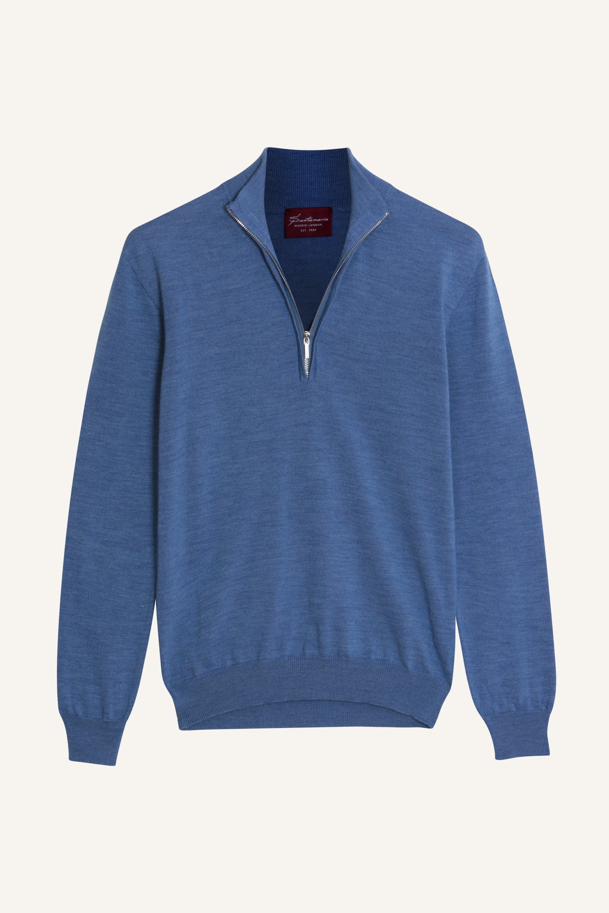 Mid-blue merino wool quarter-zip jumper, flat lay