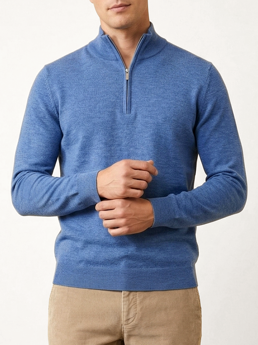 Men's mid-blue merino wool quarter-zip jumper, worn