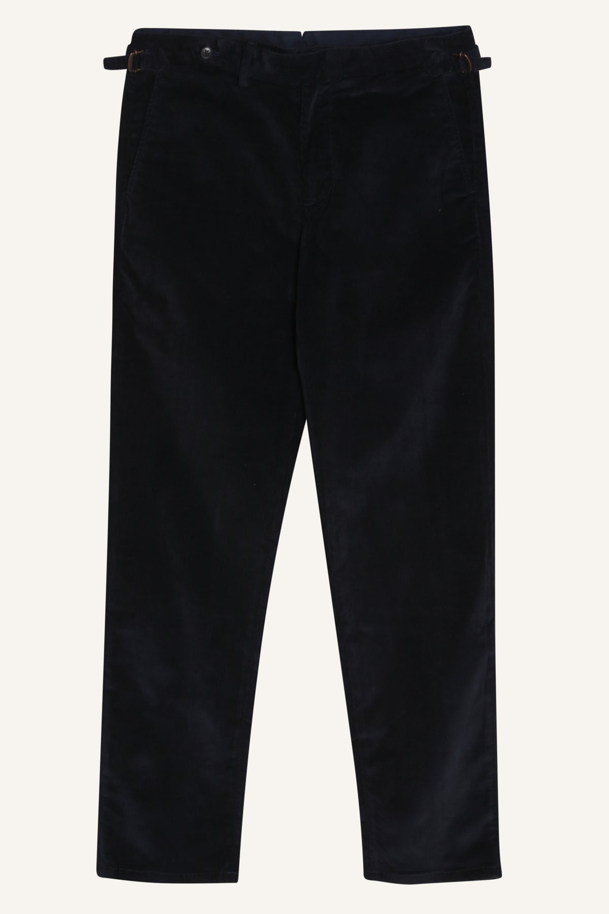 Navy corduroy trousers by Santamaria, laid flat