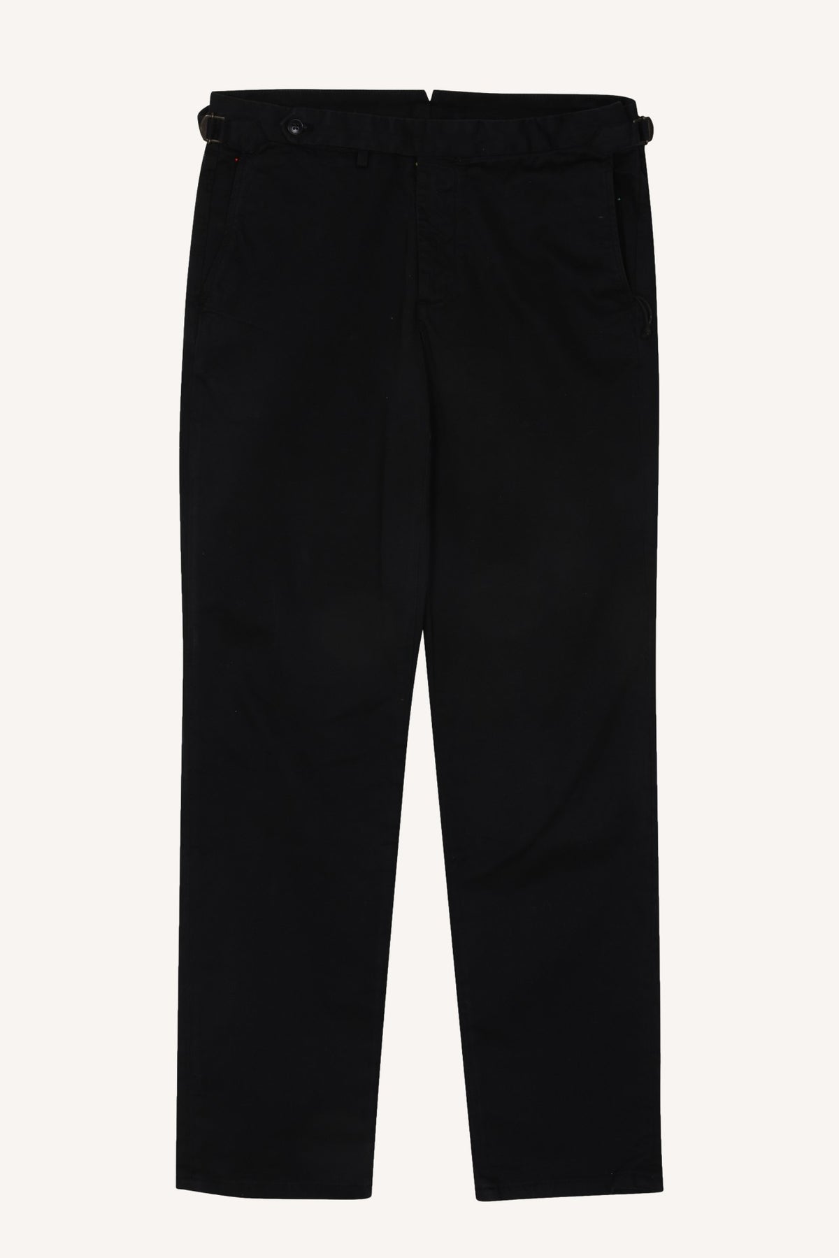 Navy cotton chinos by Santamaria, laid flat