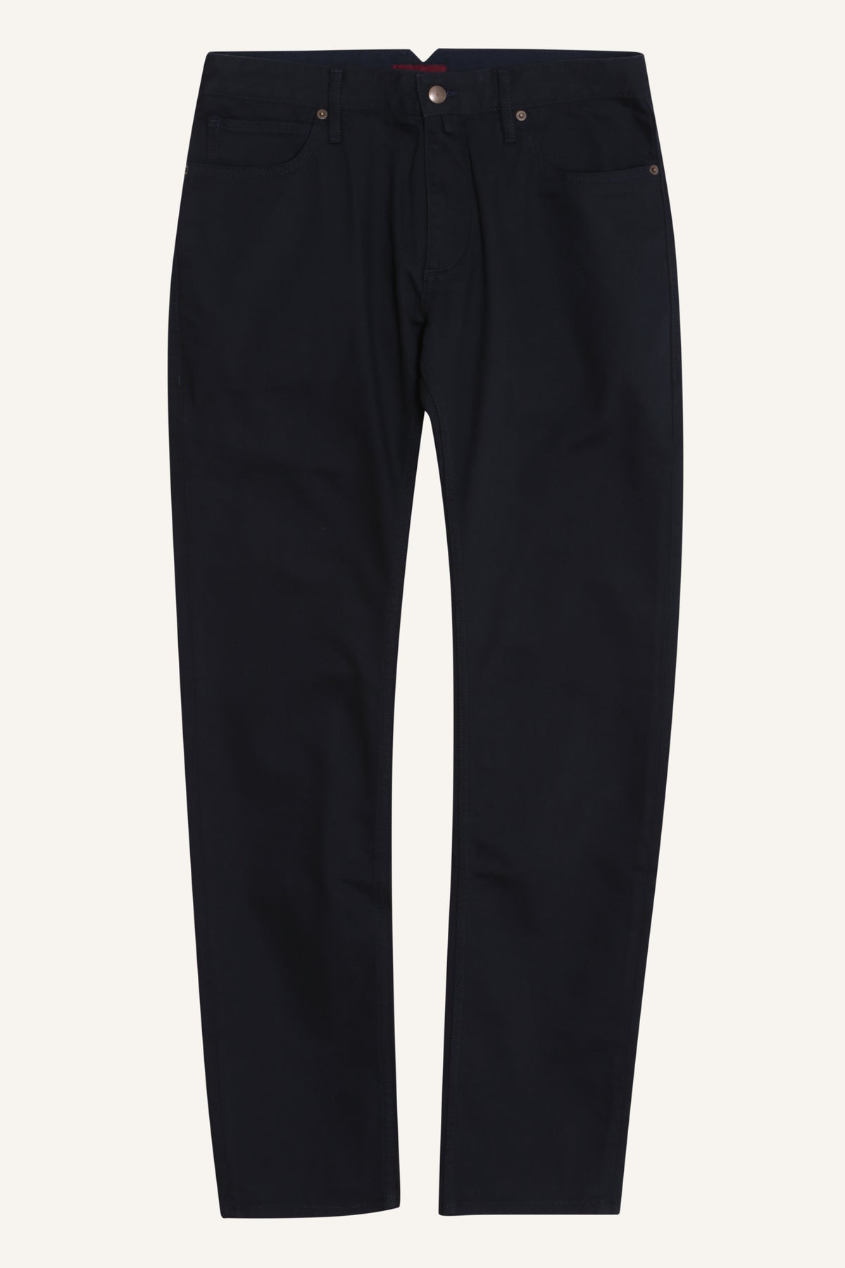 Navy five-pocket cotton trousers by Santamaria, laid flat