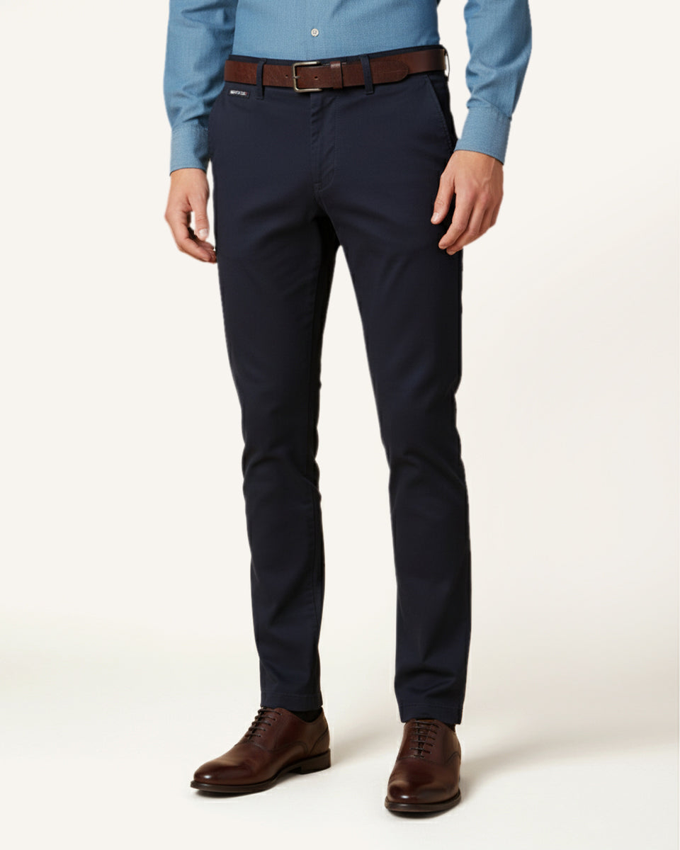 Man wearing navy five-pocket cotton trousers by Santamaria