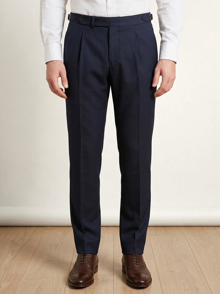 Man wearing navy Italian wool formal trousers by Santamaria