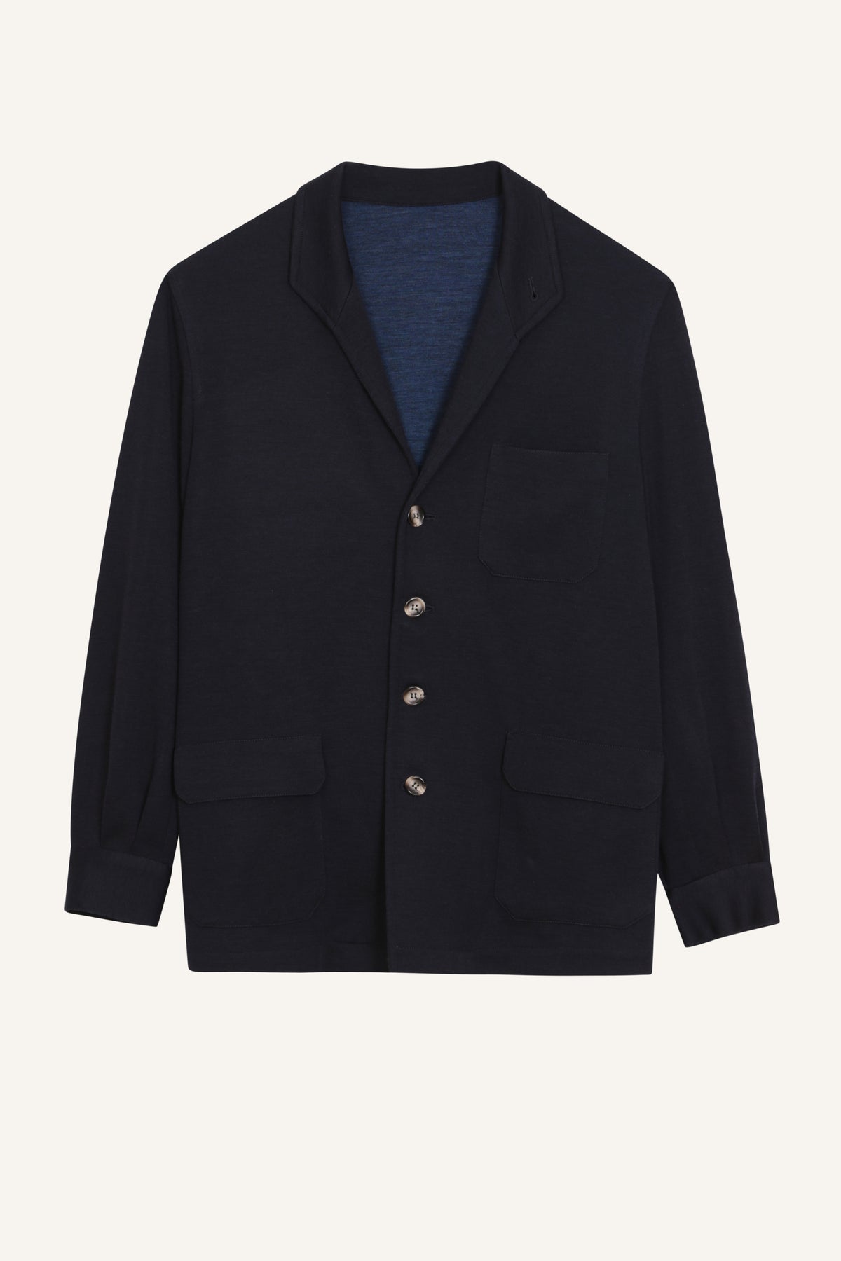 Navy knitted cashmere Teba jacket by Justo Gimeno for Santamaria, laid flat