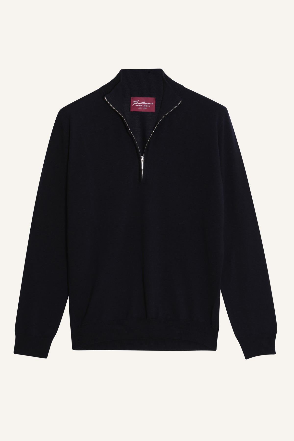 Navy merino wool quarter-zip jumper, flat lay
