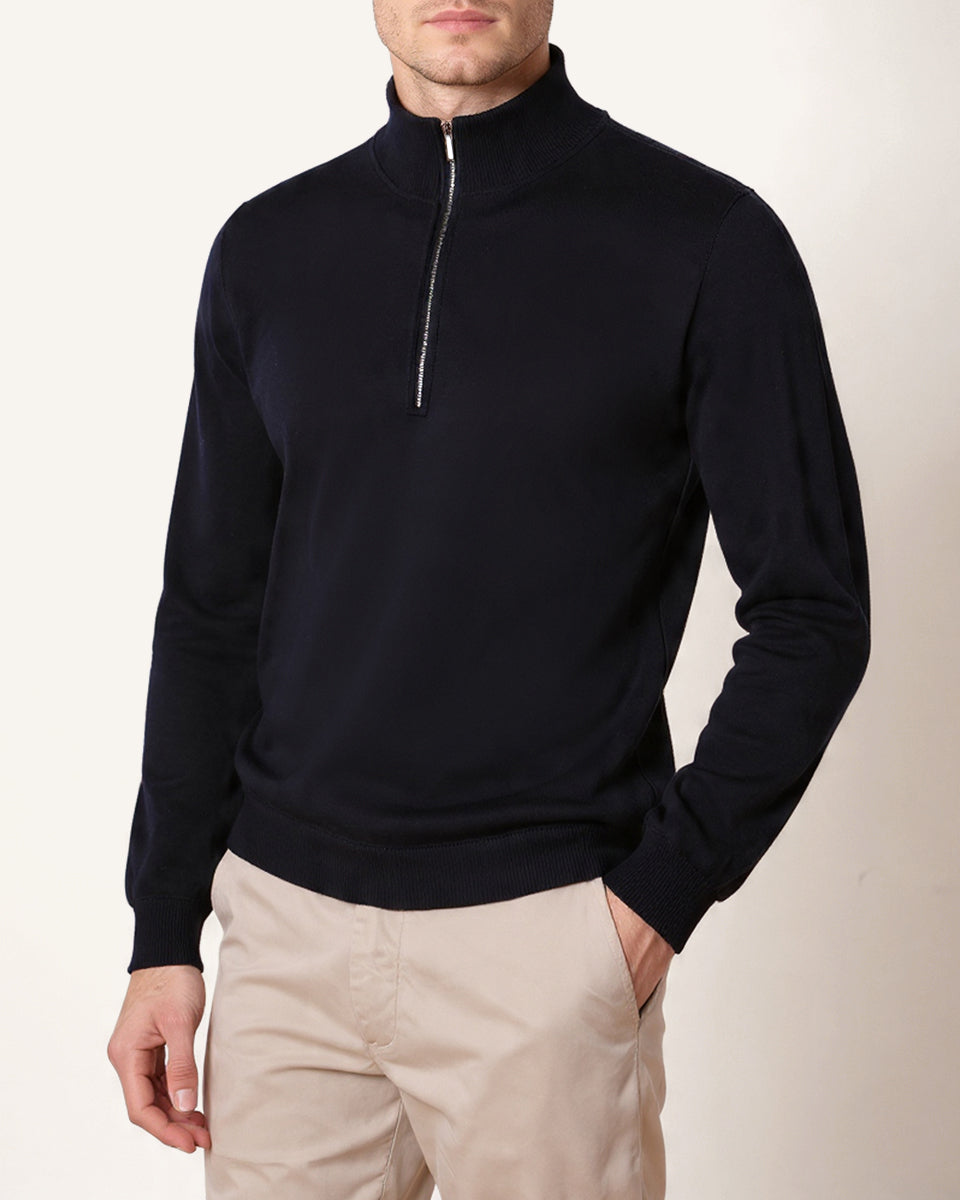 Men's navy merino wool quarter-zip jumper, worn