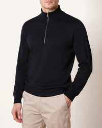 Men's navy merino wool quarter-zip jumper, worn