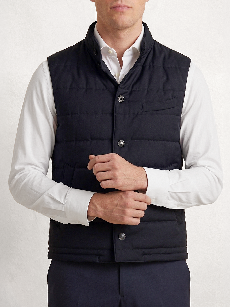 Man wearing a navy wool gilet by Santamaria