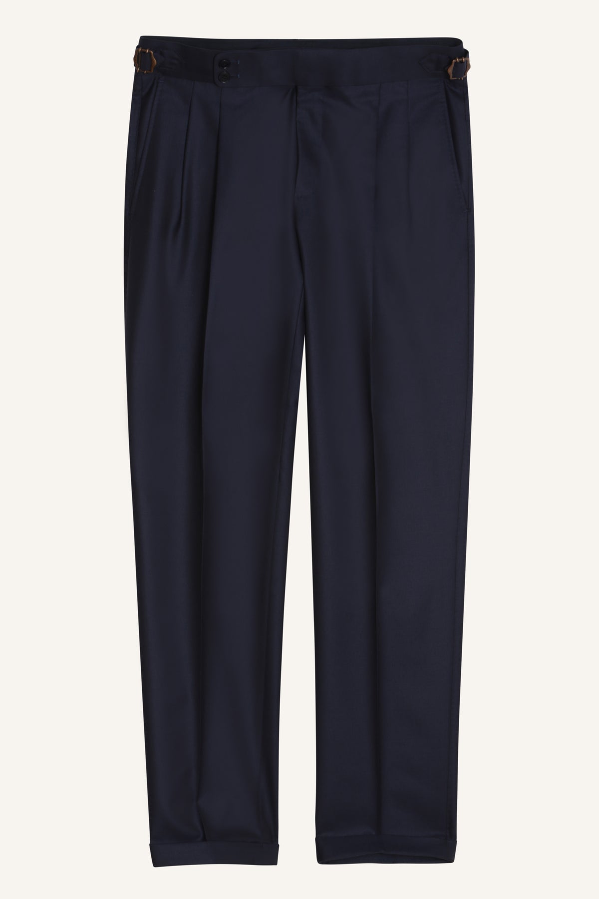 Navy wool Gurkha trousers by Santamaria, laid flat
