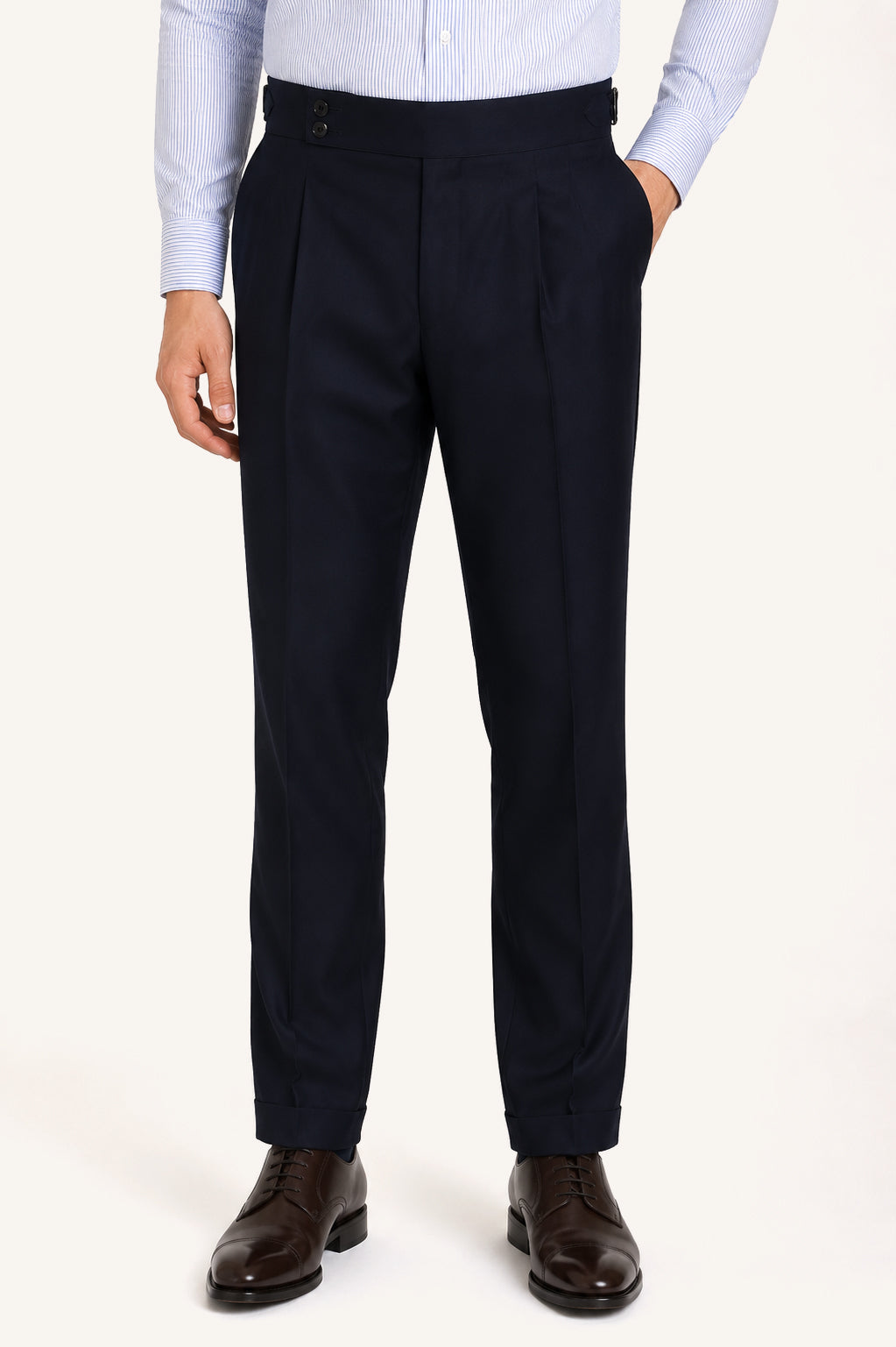 Man wearing navy wool Gurkha trousers by Santamaria