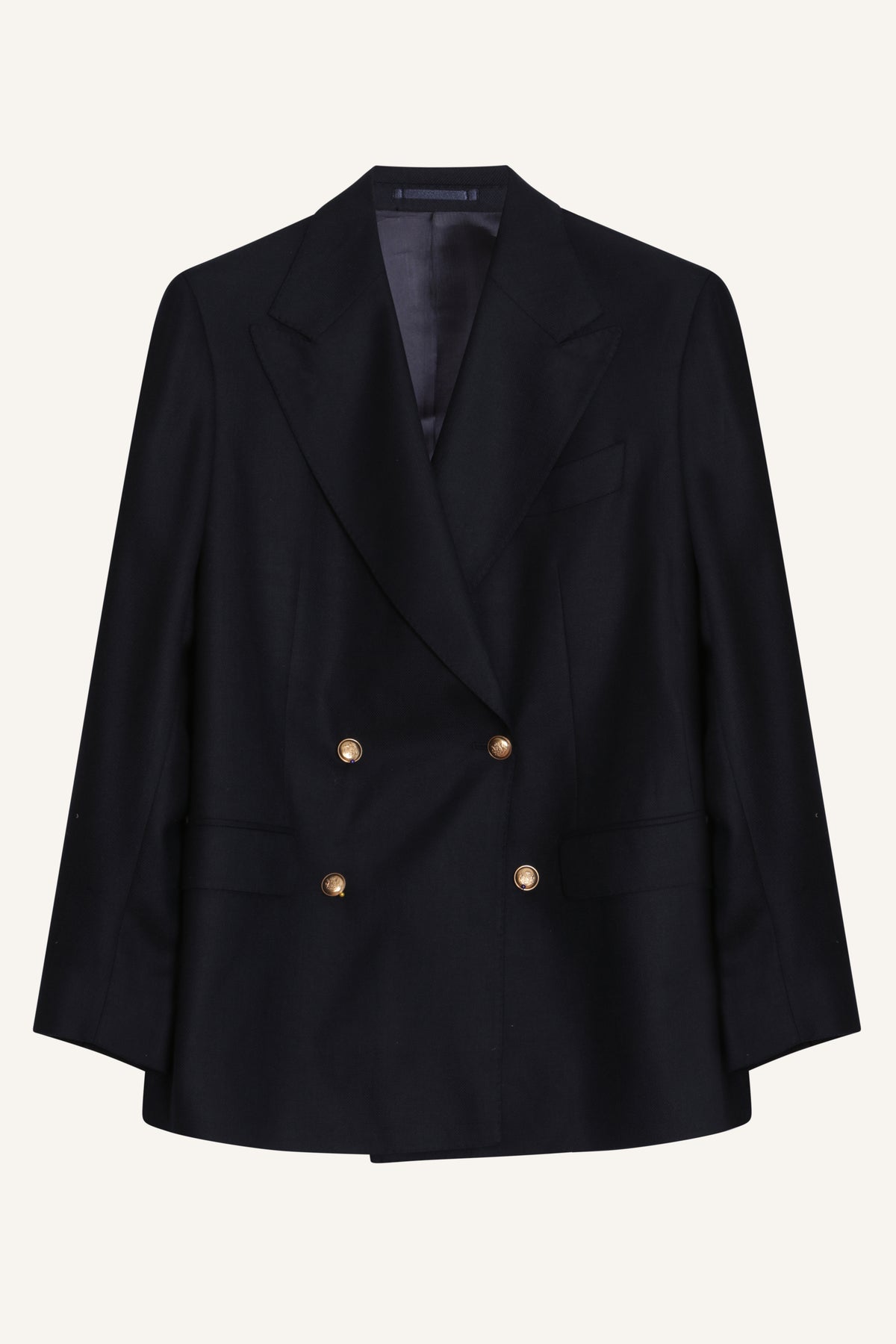 Navy wool and silk blazer with gold buttons by Santamaria, laid flat