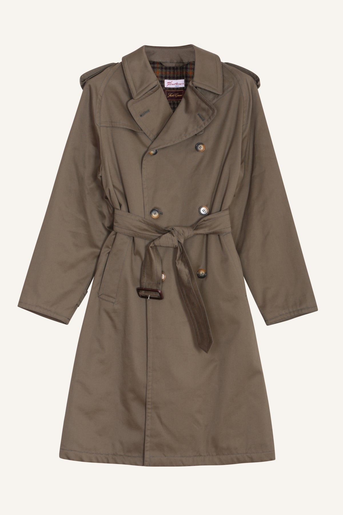 Olive cotton trench coat by Justo Gimeno for Santamaria, laid flat