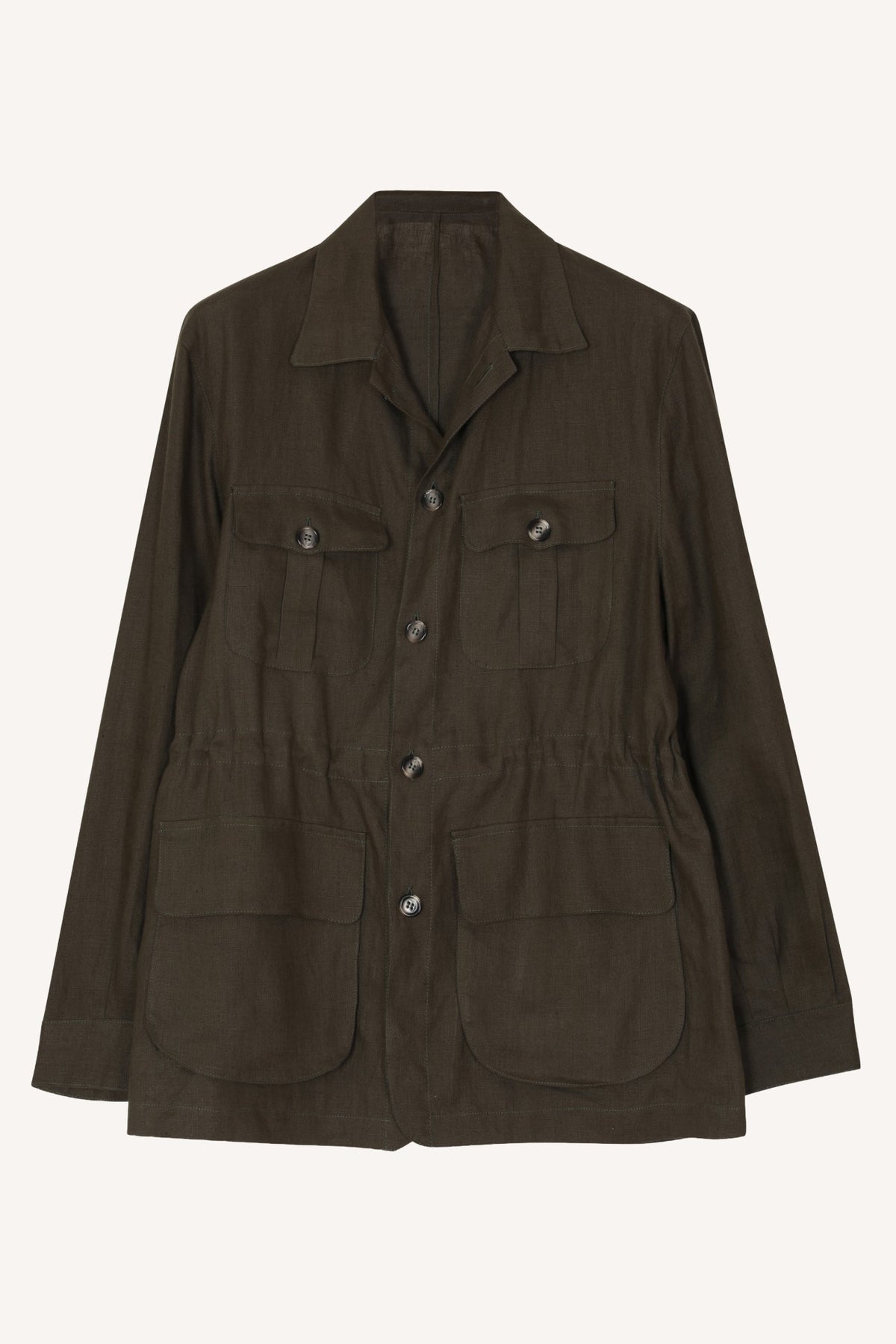Olive linen safari jacket by Justo Gimeno for Santamaria